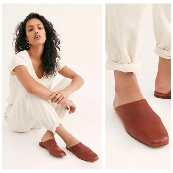 Free People Shoes - Free People‎ Brown Leather Reese Mule Flats 38 Closed Toe Slip Ons Sz 8